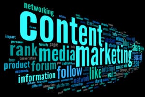 Content marketing concept in word tag cloud on black background
