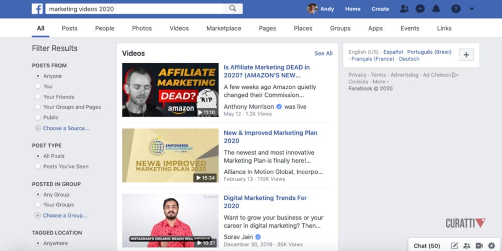 Facebook video search